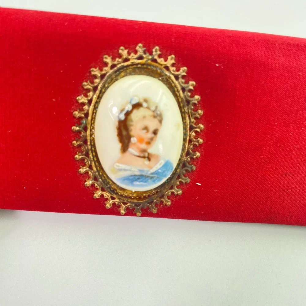Vintage Saturnia Italy Vanity Comb Mirror Set Red Case Limoges‎ Portrait Rare